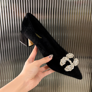 高跟粗跟毛毛鞋女2025新款冬季加绒棉鞋外穿保暖气质单鞋大码女鞋