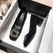 水钻方头粗跟中跟单鞋 女2025年新款 晚晚鞋 法式 女鞋 秋季 小码