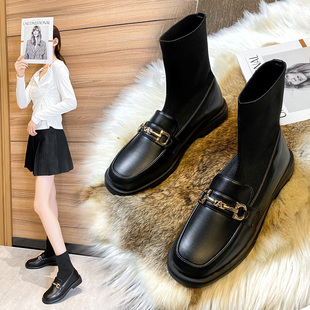女靴子41 袜子靴女炸街小短靴马丁靴春秋单靴英伦风小皮鞋 大码