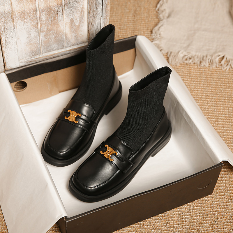 平底袜靴方头加绒连袜靴短靴