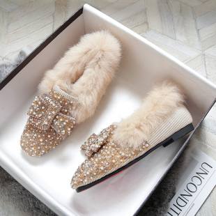 小码女鞋313233秋冬毛毛鞋外穿豆豆鞋加绒一脚蹬懒人鞋棉瓢鞋大码