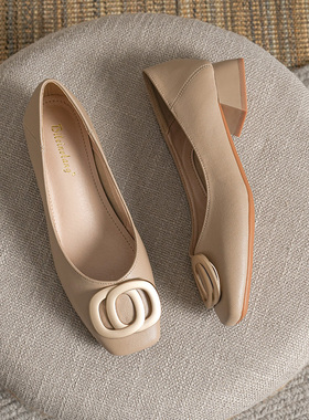 33 34小码女鞋低跟粗跟法式百搭单鞋女2023年新款秋季一脚蹬大码