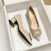 粗跟尖头单鞋 女鞋 女2025年新款 小香风高跟鞋 春季 配裙子大码