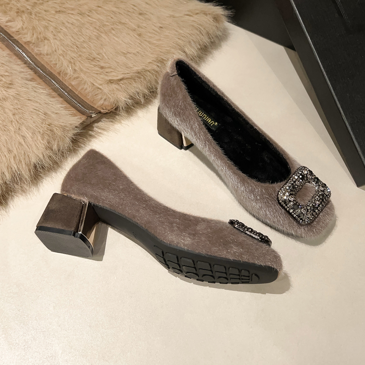 貂毛毛鞋女秋冬加绒外穿棉鞋