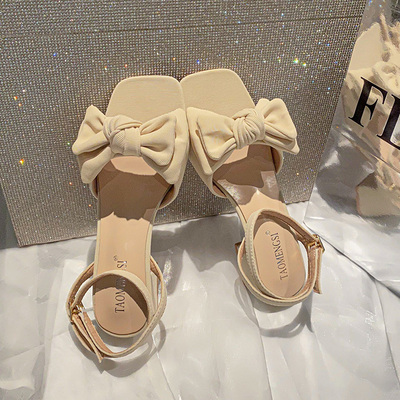 蝴蝶结粗跟超纤法式显瘦百搭凉鞋