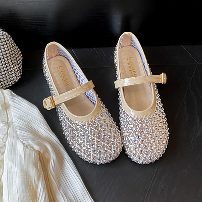 单鞋法式水钻软底不累脚大码女鞋