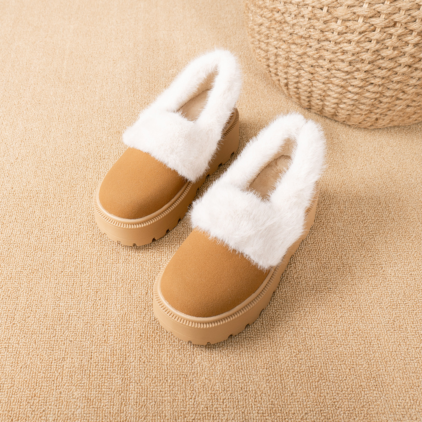 加绒厚底粗跟勃肯鞋女一脚蹬