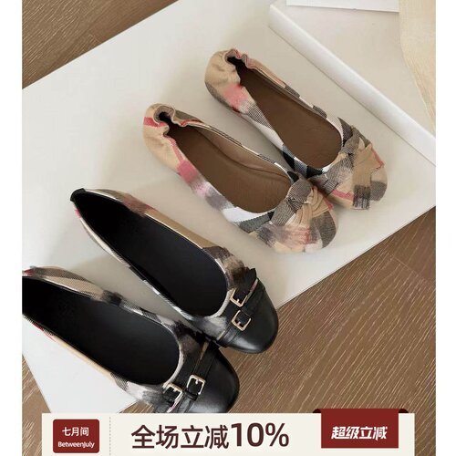 七月间复古格纹单鞋女2026新圆头浅口平底蝴蝶结拼接一脚蹬奶奶鞋