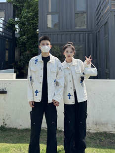 3KU夫妇春秋百搭十字架拼皮翻领牛仔外套夹克男女情侣休闲上衣潮