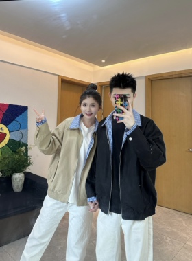 3KU夫妇春秋新款假两件翻领格子拉链外套夹克上衣男女同款百搭潮