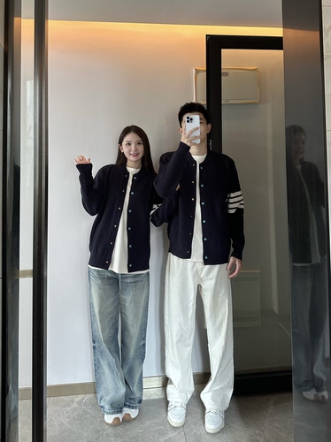 3KU夫妇秋季新款拼接四条杠针织毛衣开衫外套男女同款情侣百搭潮