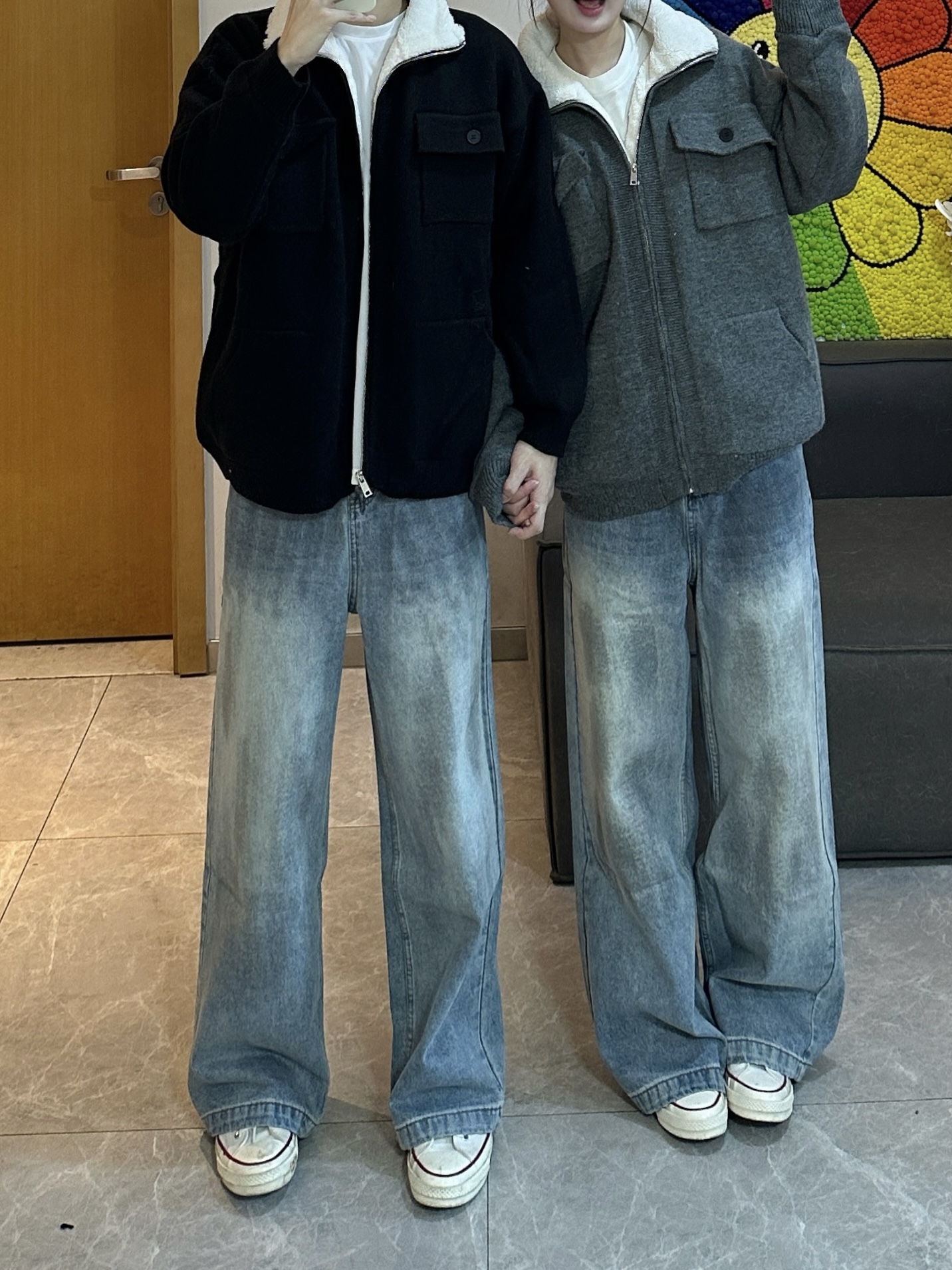 3KU夫妇四季百搭新款直筒牛仔裤阔腿长裤男女同款休闲显瘦显高潮