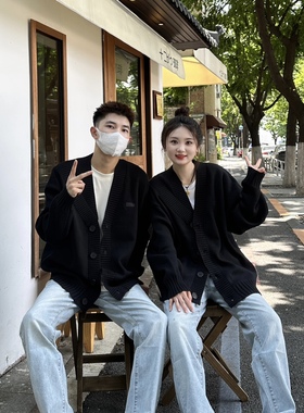 3KU夫妇简约纯色V领排扣毛衣开衫男女秋冬新款宽松休闲情侣外套潮