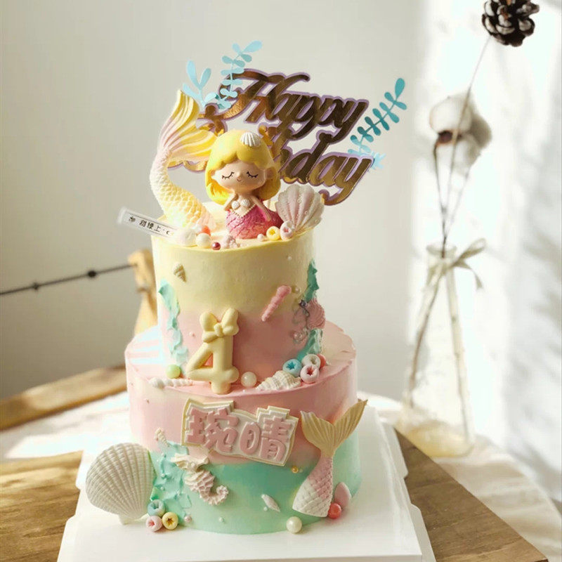 女孩生日蛋糕装饰美人鱼人鱼姬玩偶摆件海洋主题派对装扮插牌