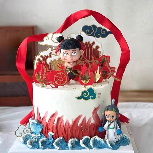 网红哪吒蛋糕装饰卡通敖丙摆件男孩儿童生日甜品台装扮配件插件