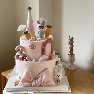 可爱立体蛋糕小兔子蛋糕装饰胡萝卜彩虹蝴蝶结女孩宝宝生日摆件z