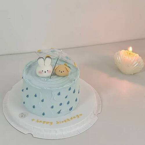 浪漫雨天生日蛋糕装饰迷你透明雨伞可爱小兔小狗摆件情侣告白烘焙