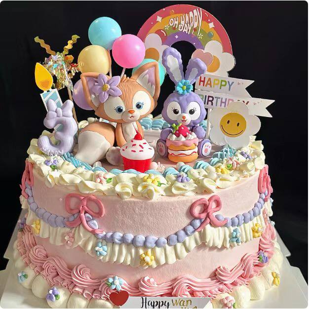 粉色贝尔公仔毛绒小狐狸紫色兔子生日烘焙装扮女孩生日蛋糕装饰