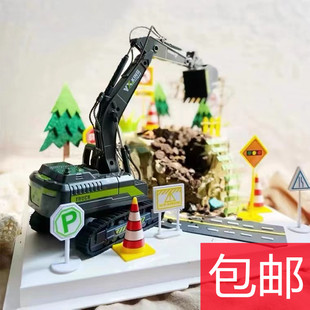 61儿童挖掘机蛋糕装饰摆件挖土机男孩仿真玩具路障插件工程车塔吊