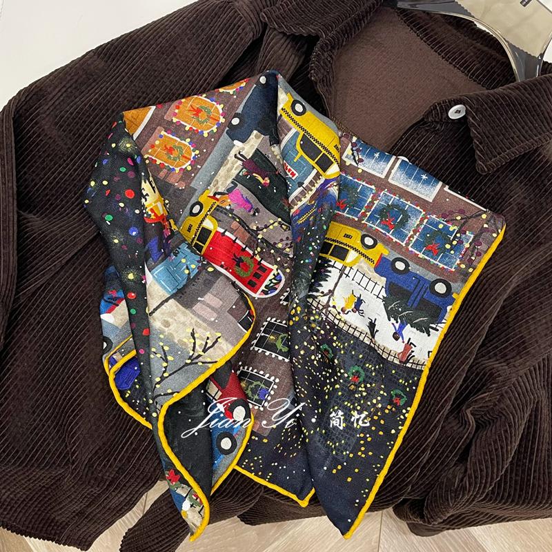 【圣诞夜】深邃篙级配色真丝羊毛65方巾双面秋冬保暖披肩围巾