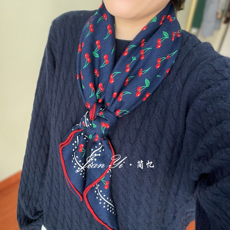 【樱桃印花】气质百搭真丝桑蚕丝羊毛88方巾双面同色披肩围巾女