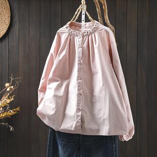粉色纯棉长袖衬衫女士设计感小众2025春季新款宽松大码法士上衣潮