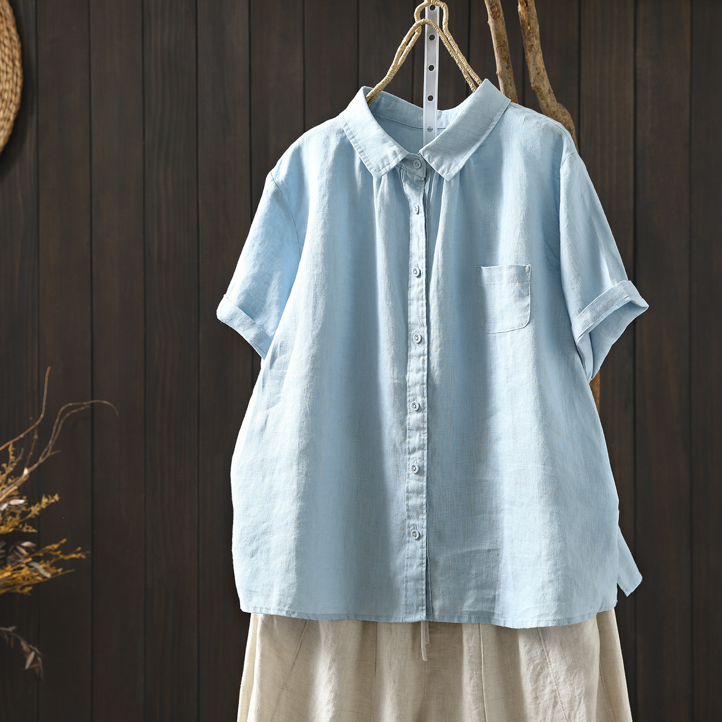 2026巨好看的衬衫女士短袖夏新款小众独特单口袋蓝色亚麻T恤上衣