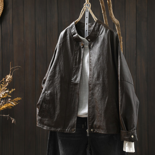 皮衣女款2026新款秋季酷飒风复古洋气立领百搭简约宽松皮夹克外套