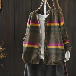 独特漂亮初春上衣女士新款2026复古条纹棉线针织休闲毛衣开衫外套