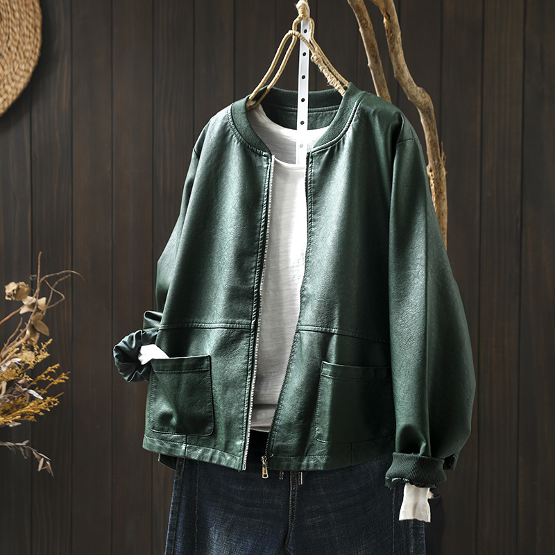 新款春秋宽松立领皮衣外套pu港味