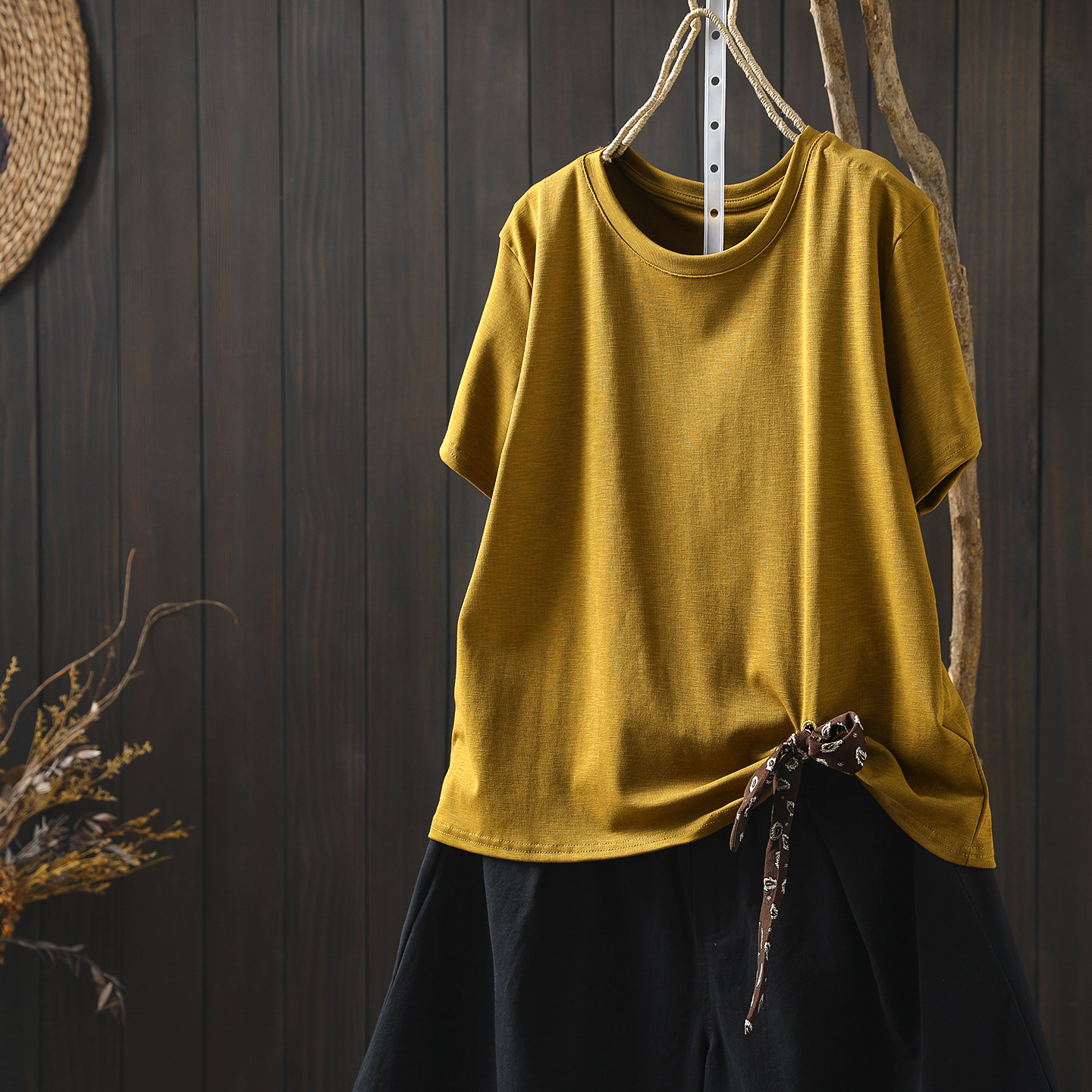 t恤女士2026新款短袖夏日超好看丝巾绑带小个子纯色精致圆领上衣