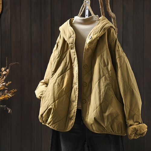 独特超好看外套棉袄女2025冬季新款连帽薄款夹棉菱格文艺百搭棉衣