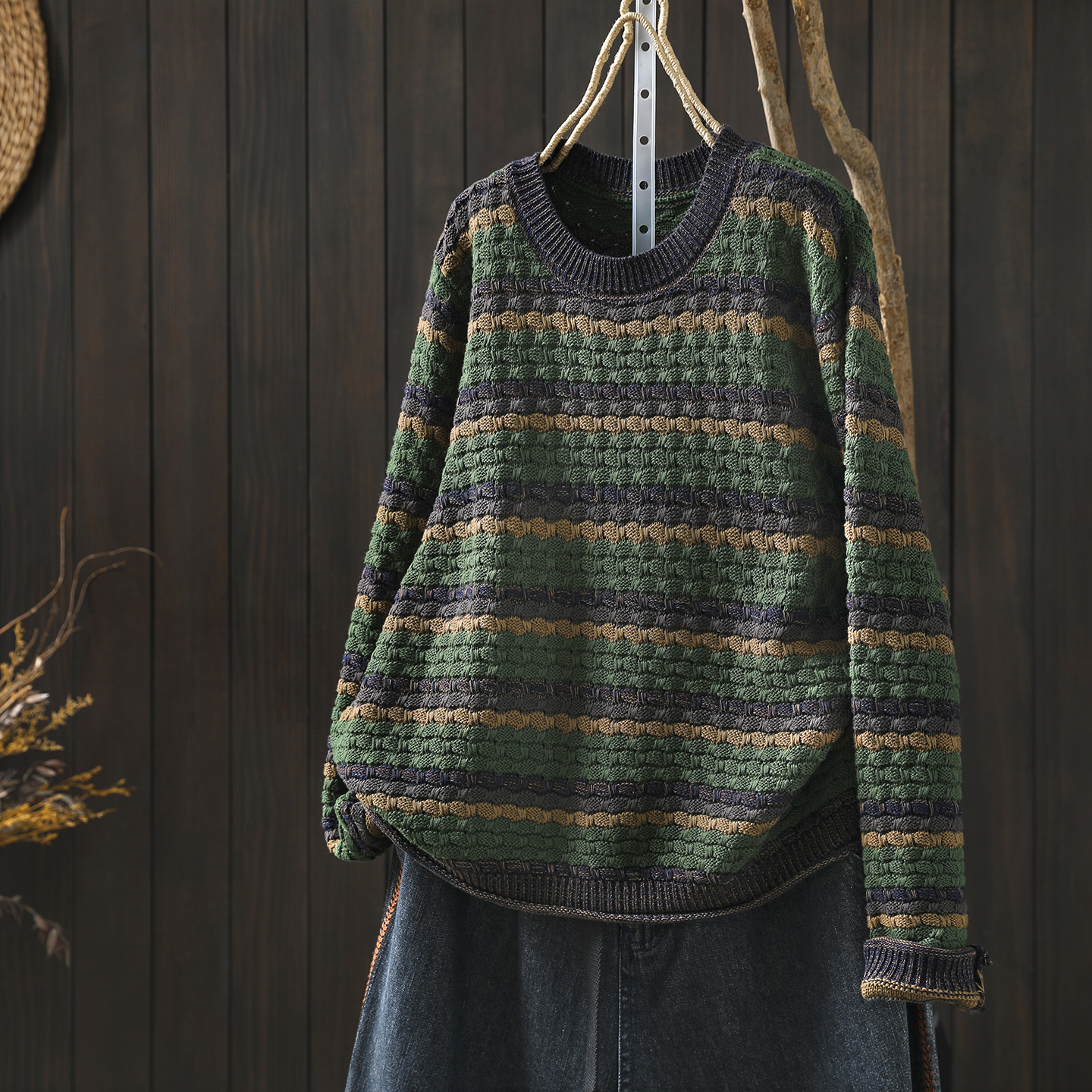 针织衫上衣女2025冬新款撞色条纹独特不撞款轻熟慵懒时髦圆领毛衣