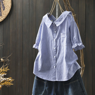 今年流行的新款衬衫2026春时尚精致超好看宽松显瘦纯棉条纹短袖