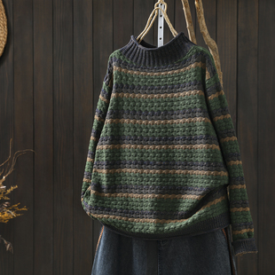 半高领撞色条纹内搭棉线针织衫 慵懒松弛感毛线衣女款 2025秋冬新款