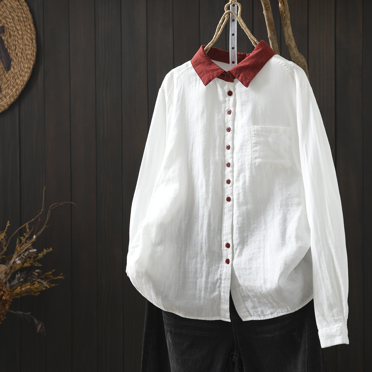 白衬衫女高级感2026新款春撞色翻领双层棉纱超火百搭长袖气质衬衣