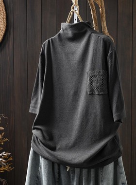 灰色蕾丝口袋半高领短袖t恤女秋宽松显瘦气质设计感套头打底上衣