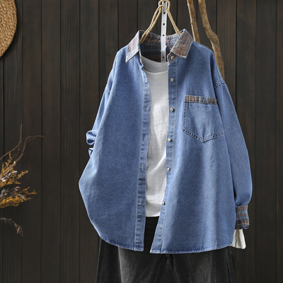 牛仔衬衣女款2026新款爆款春季蓝色拼接感超好看别致百搭衬衫外套