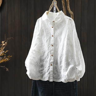 刺绣提花白衬衫 纯棉上衣高级感轻奢减龄洋气 女2026秋宽松休闲长袖