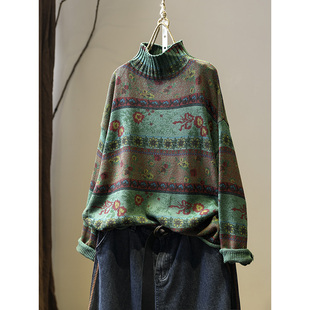 复古印花半高领棉线毛衣女秋装 套头不起球打底针织线衣 新宽松大码