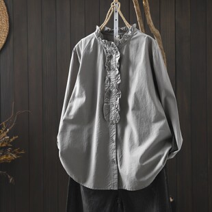 独特漂亮巨好看衬衫女上衣2026新款开春纯棉长袖木耳立领法式上衣
