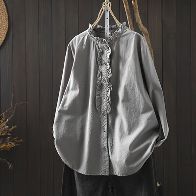独特漂亮巨好看衬衫女上衣2026新款开春时尚长袖木耳立领法式上衣