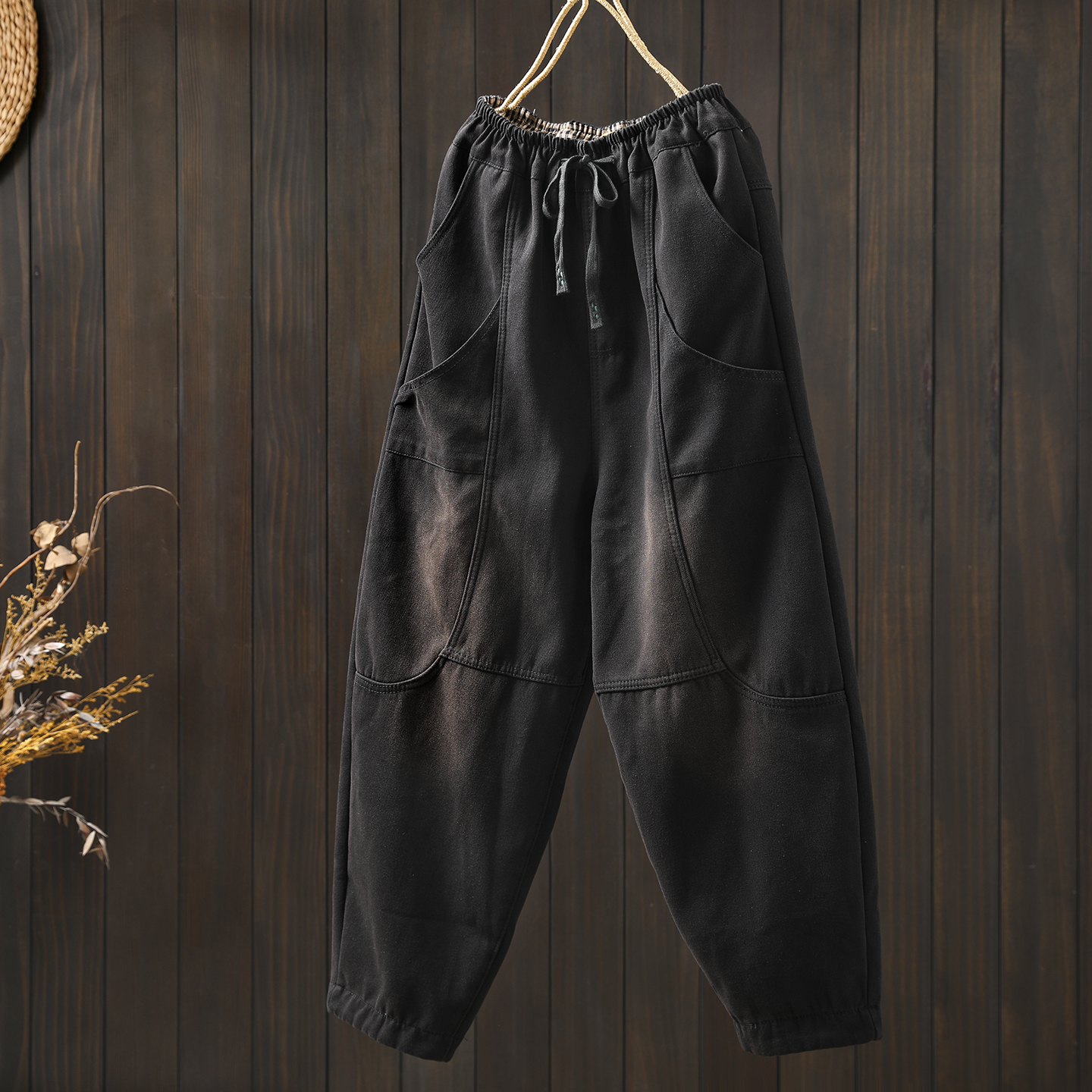 2025巨好看牛仔裤女冬季新款复古小众口袋松弛感遮肉加绒哈伦长裤