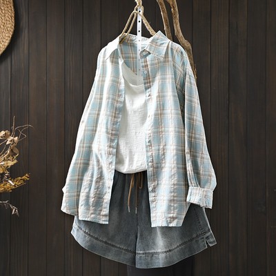 衬衣女款2025新款爆款早秋纯棉格子衬衫外套宽松百搭休闲长袖上衣