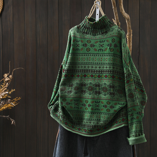 半高领毛衣可外穿内搭女款2026新款秋冬大码复古文艺印花宽松上衣