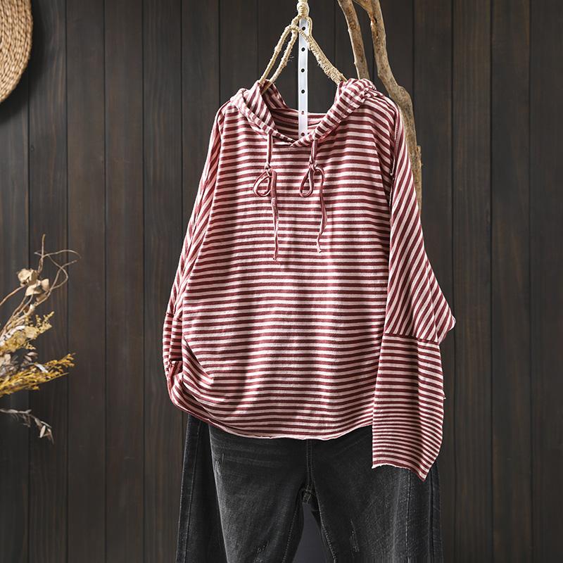 连帽纯棉条纹t恤女长袖宽松大码2025秋季新款休闲百搭慵懒风上衣