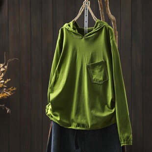 小众口袋显白松弛感洋气百搭t恤 绿色连帽长袖 上衣女春装 2026新款