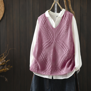 马甲针织背心新款女士正流行2026春粉色亚麻镂空外穿减龄洋气上衣