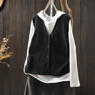 黑色早春马甲背心女新款2026正流行外搭无袖棉线百搭休闲时髦马夹