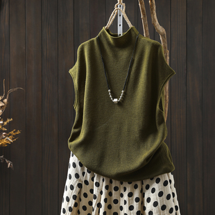 上衣女2026新款爆款开春无袖羊毛针衫织简约宽松百搭中领套头t恤